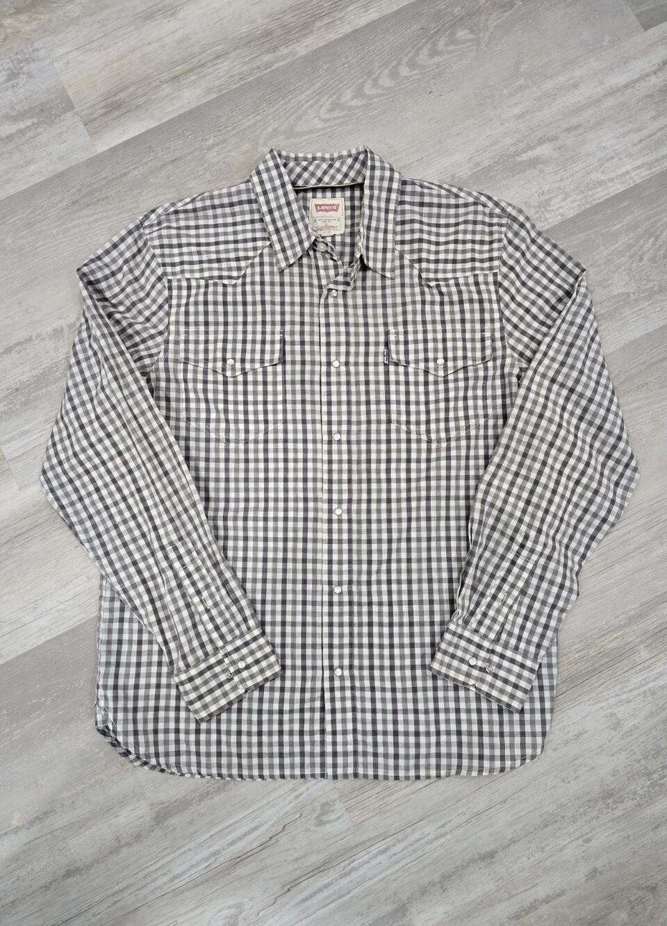 Levi's Men's Large Western Pearl Snap Shirt Gray White Gingham Plaid L/S EUC